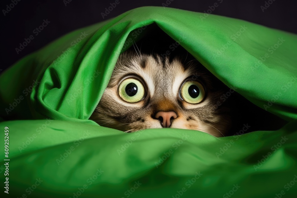 Poster curious cat hiding under a green blanket generative ai