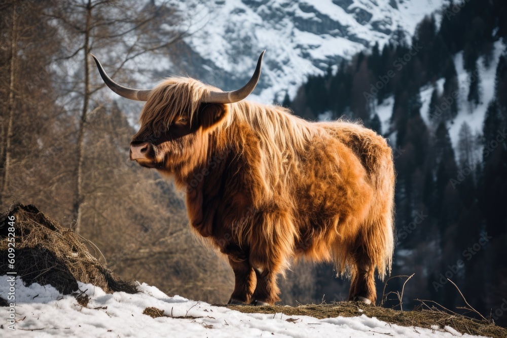 Aufkleber yak standing in the snow with a majestic mountain in the background generative ai