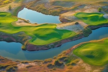 Fototapeta na wymiar an elevated view of a golf course featuring a water hazard Generative AI