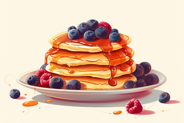Generative AI.Pancakes with blueberries on the plate. Traditional sweet american breakfast with berries, Isolated on white background, Maple syrup flows at falling pancakes. 