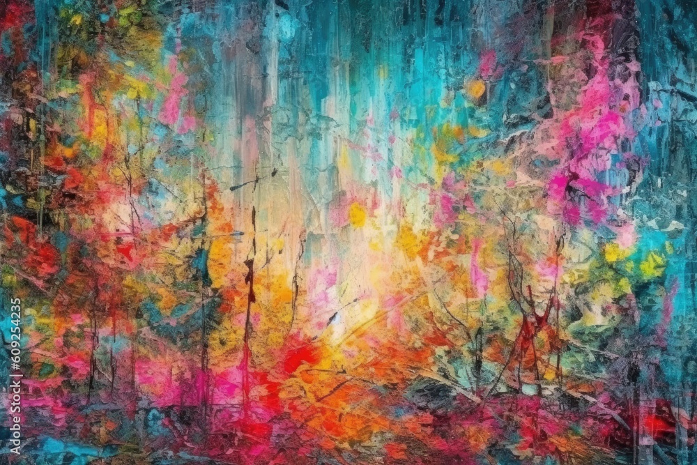 Poster vibrant and lush forest scene with a variety of colorful trees generative ai
