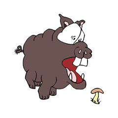 Illustration of a funny cartoon bulldog with a mushroom on a white background