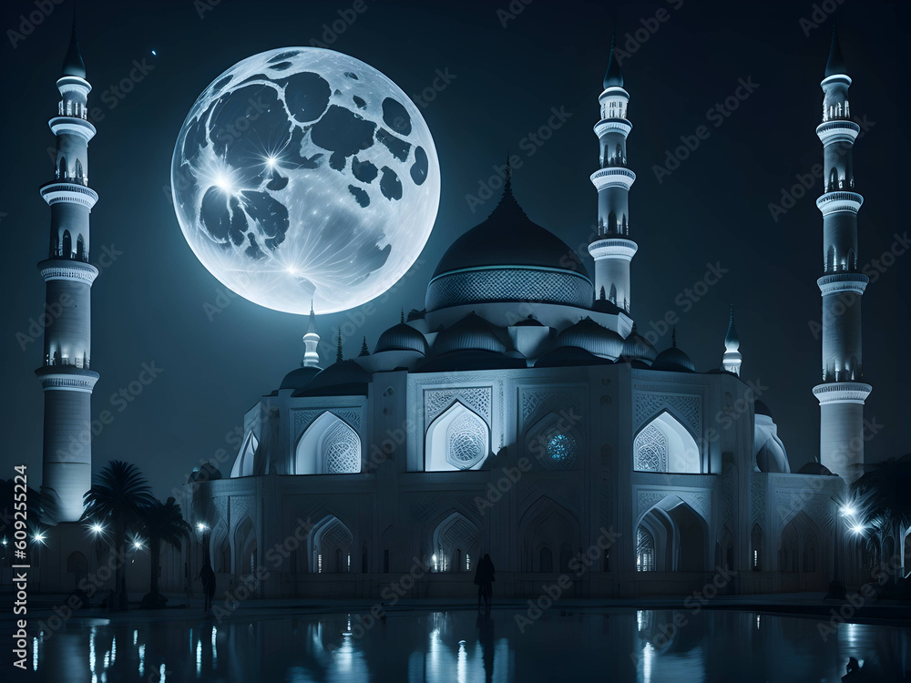 Wall mural moon shining behind a mosque, islamic eid background generative image