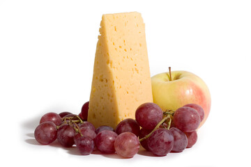 cheese, grapes and apple on white background