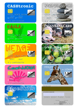 10 full-size credit card images, 9 fronts, 1 back; all dummies, for use in graphics or to print, cut out and use as copyright-free props in photos