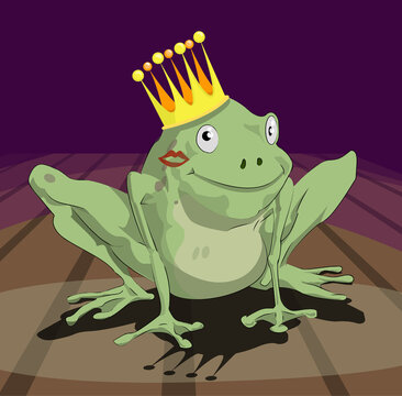 A frog wearing a crown with lipstick on his/ her cheek.