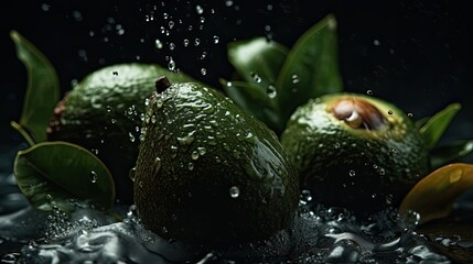 Fototapeta na wymiar fresh avocado hit by splashes of water with black blur background and perfect viewing angle
