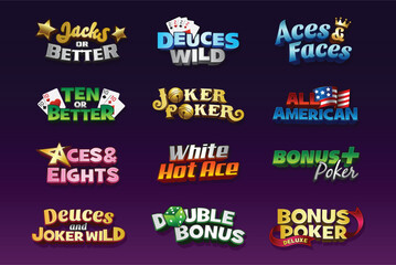 Video poker casino game logo, poker card game, jacks or better, deuces wild, aces and faces, ten or better, joker poker, double bonus