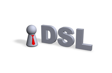 DSL text in 3d and play figure with red tie