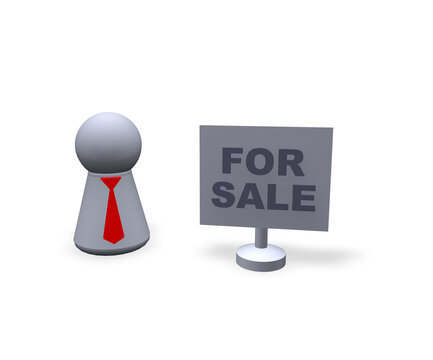 play figure with red tie and sign with for sale text