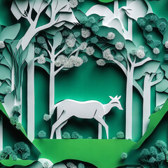 white animal silohuette in green forest, paper art style, paper art, paper cut, vibrant colors, centered ai generated ai generated