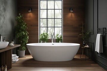 Naklejka na ściany i meble A freestanding bath in a modern bathroom with lights Interior design 