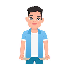 A sad, surprised child with empty pockets. A little boy with no money. No money. A guy with his pockets turned out.