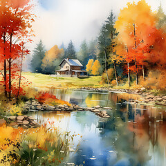 Autumn house lanscape watercolor