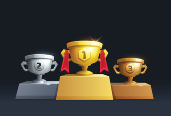 Winner podium with cup for the first, second and third place. Gold, silver, bronze trophies. Prize for champions. Handing awards to winner. trophy Vector illustration for game interface