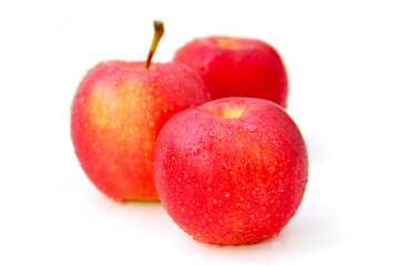 Three red apples with water droplets on white background, focus on the front apple