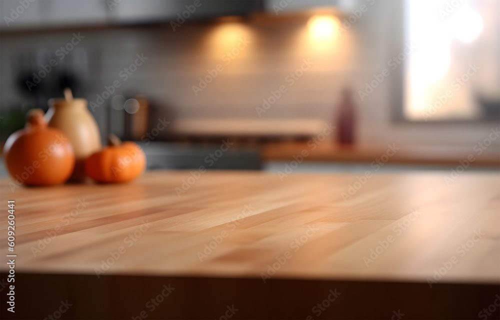 Poster creative mock concept. empty wooden table top with kitchen natural shadow blurred background. templa