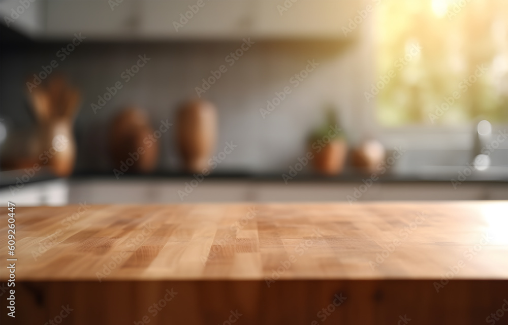 Poster creative mock concept. empty wooden table top with kitchen natural shadow blurred background. templa