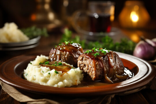 German rouladen is served with a rich brown gravy and buttery mashed potatoes on a plate. (Generative AI)