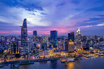 Fototapeta na wymiar Sunset on Saigon riverside, Ho Chi Minh city Vietnam. Photo taken on May 2023 