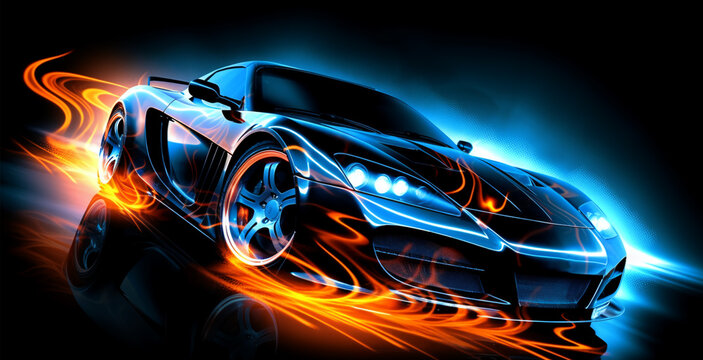 black sports car wallpaper with fantastic neon light effect background. generative ai