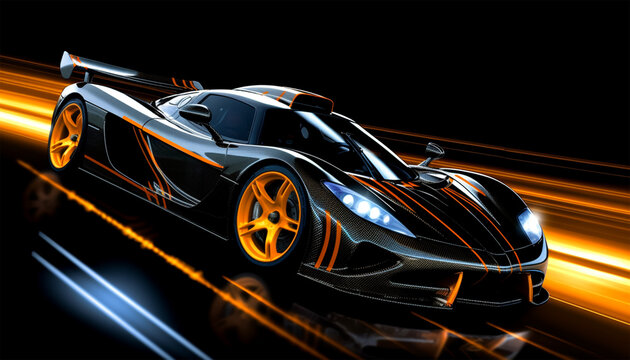 black sports car wallpaper with fantastic neon light effect background. generative ai