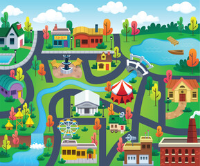 Fototapeta premium Town map for kids. City landscape for game screen. Nursery concept for bedding. Illustrations in child drawing style with small houses, lambs