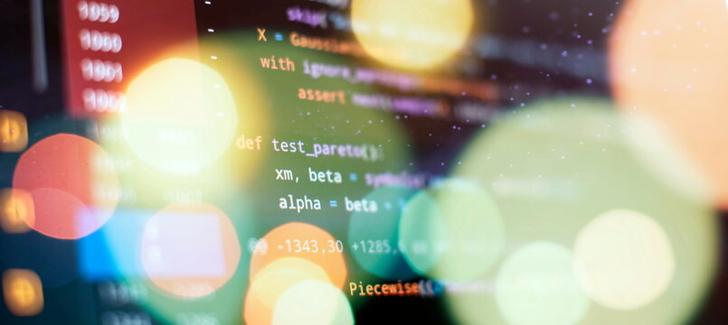 Programmer working on javascript computer code with virtual screen. Programming code technology.