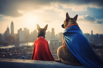 Superpet Cat and Dog as superheroes with cape on cityscape background, generative AI