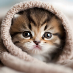 Cute kitten cat hidden under the blanket. AI generated