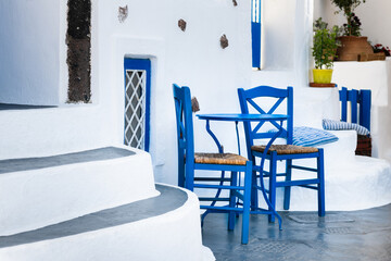 Traditional white and blue greek architecture in Santorini island, Greece.