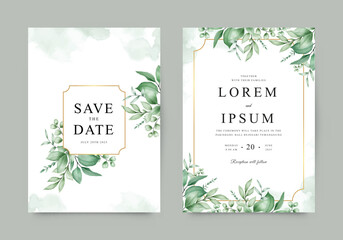 Fototapeta na wymiar Greenery wedding invitation template with golden frame and watercolor foliage