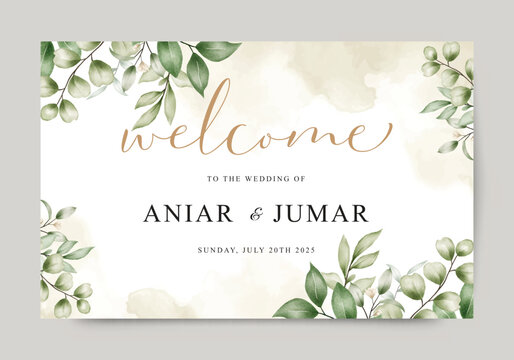 Elegant wedding welcome sign with beautiful watercolor leaves