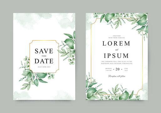 Greenery wedding invitation template with golden frame and watercolor foliage