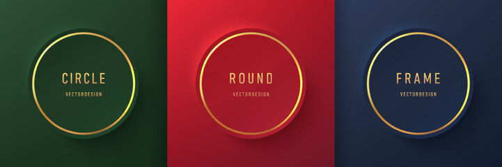 Set of blue, red and dark green 3D round circle board frame background with golden lines. Abstract pedestal scene for product display in top view. Collection of luxury geometric badge with copy space.