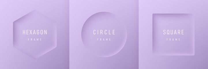 Set of realistic 3D geometric frames in hexagon, circle and square on lavender purple background. Minimal neumorphism frames background with copy space. Top view for product display. Light and Shadow.