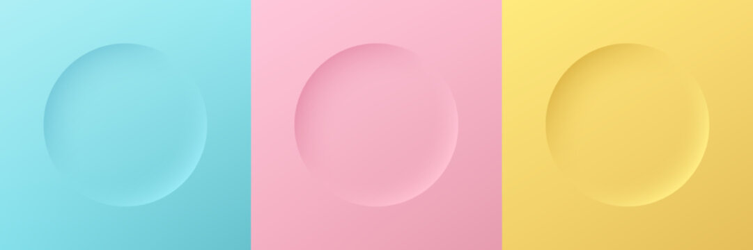 Set of abstract light blue, pink and yellow 3D circle frames design for cosmetic product. Trendy color geometric background with copy space. Top view pedestal scene in neumorphism light and shadow.