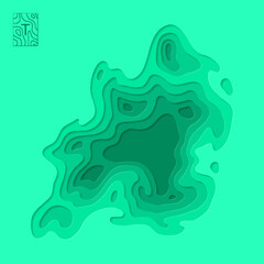 Abstract smooth origami shape turquoise paper cut wavy shaped layers. Papercut color texture topographic background, curved layers and elevation contour lines vector illustration