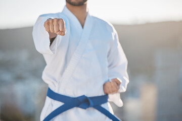 Karate, fitness and fighting with a sports man in gi, training in the city on a blurred background....