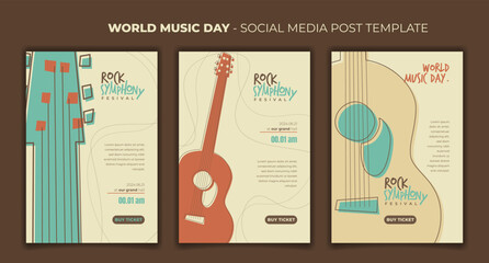 Social media template with flat acoustic guitar in vintage background for world music day design - obrazy, fototapety, plakaty