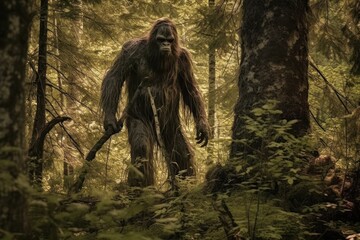 mysterious bigfoot sighting in the deep forest, generative AI illustration - obrazy, fototapety, plakaty