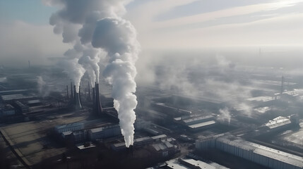 From an aerial perspective, one can observe a sprawling industrial complex where massive factories release dense smoke, contaminating the air in their vicinity.  AI generative image. 