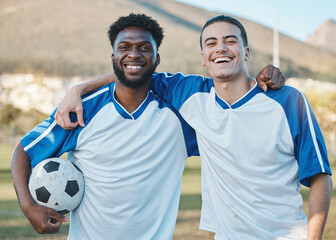 Sports team, soccer ball and smile portrait on field for fitness training or game outdoor. Football player, club and diversity athlete men or friends together for competition, workout or challenge