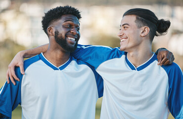 Fitness, soccer and friends with sports men hugging during training, a game or competition outdoor....