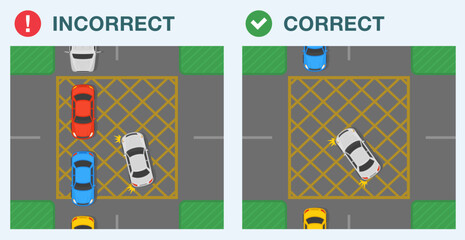 Safe car driving tips and traffic regulation rules. Yellow box junction rule. Top view of a correct and incorrect turn. Flat vector illustration template.