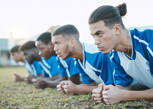 Plank, sports group and soccer team on field for fitness training, workout or exercise outdoor. Football player, club and face of athlete people with strong focus for sport competition or challenge