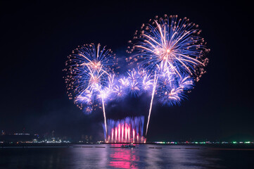 Colourful firework on the sea beach at celebration night. Firework festival showing on celebration night or new year
