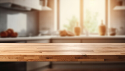 Obraz na płótnie Canvas Beautiful empty brown wooden table top and blurred defocused modern kitchen interior background with daylight flare, product montage display. generative ai