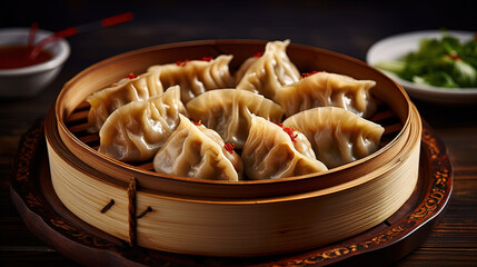 Traditional chinese dumplings served in the wooden bamboo steamer over raw wooden background table