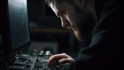 IT Specialist Male Caucasian Young Adult Fixing a computer in Office. Generative AI AIG22.